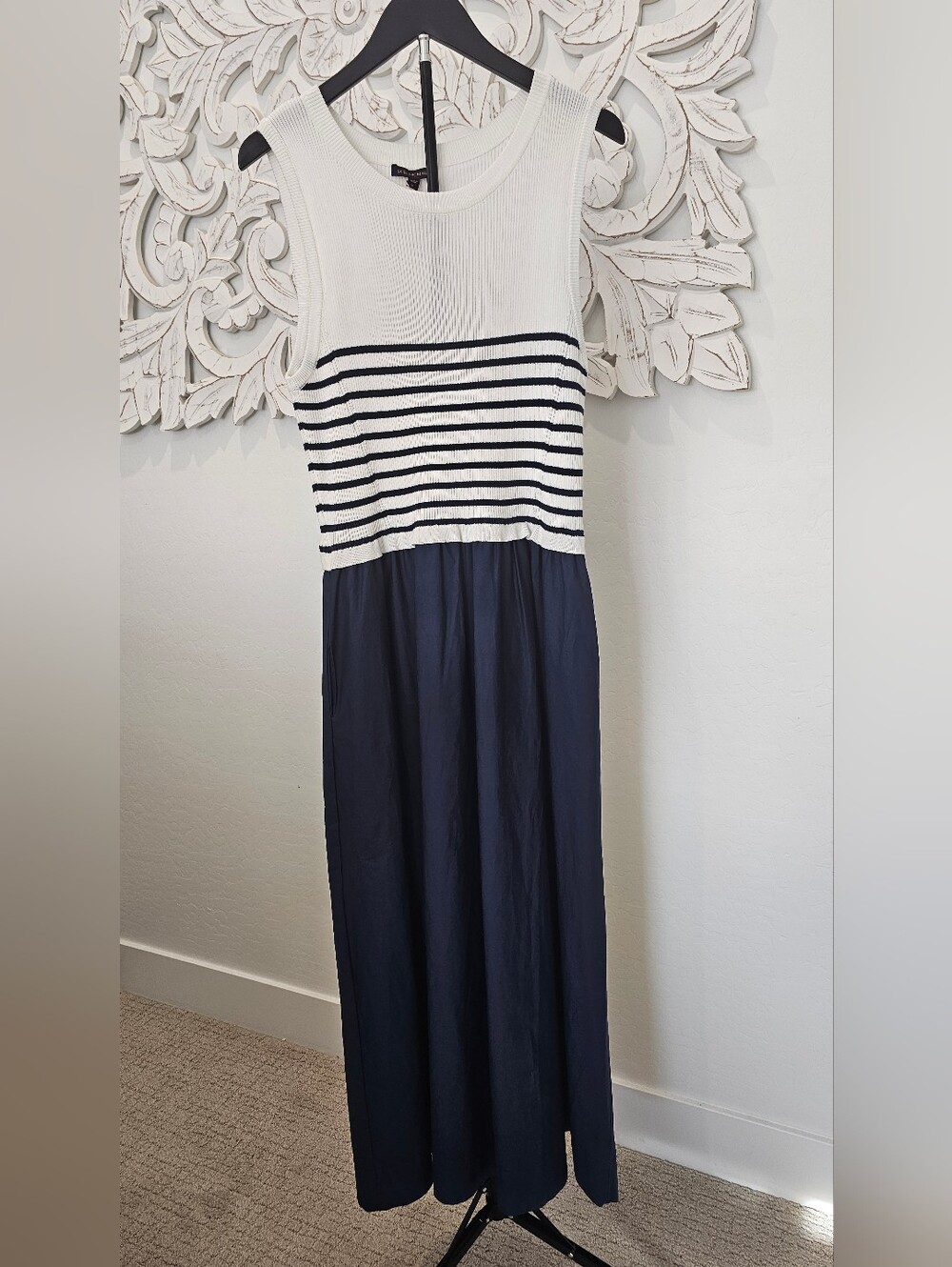 Skies Are Blue Navy & White Ribbed Midi-Maxi Dress Women's Sz 12 NWT